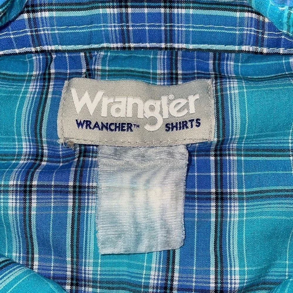 Wrangler Western Vintage Mens Large Aqua and Blue Plaid Short Sleeve Shirt
